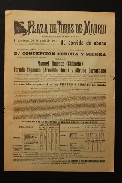 Cartel de toros de Madrid. 23 de abril de 1933.