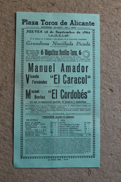 Cartel de toros de Alicante. 13 de septiembre de 1962.