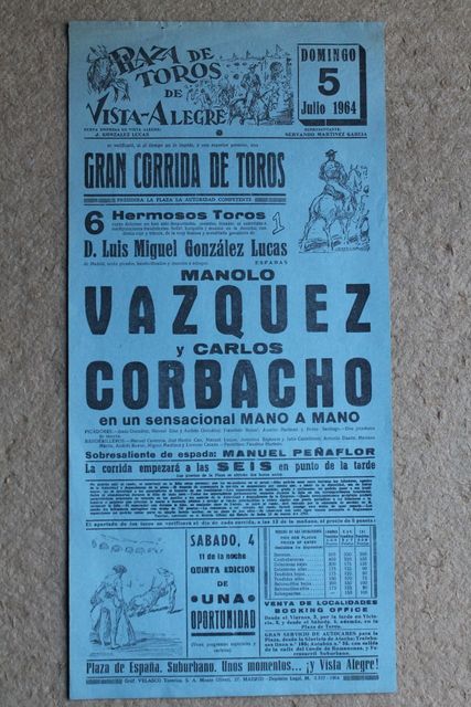 Cartel de toros de Vista-Alegre. Madrid. 5 de julio de 1964.