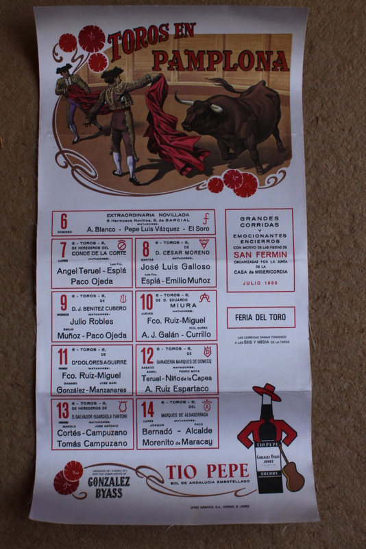 Cartel de toros de Pamplona. Grandes corridas y emocionantes encierros con motivo de las famosas Fiestas de San Fermín. Días 6 al 14 de julio de 1980.