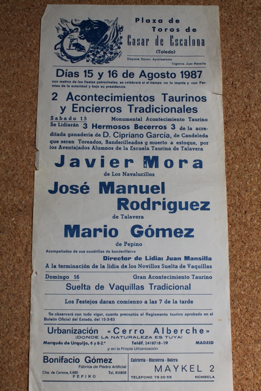 Cartel de toros de Casar de Escalona. 15 de agosto de 1987.