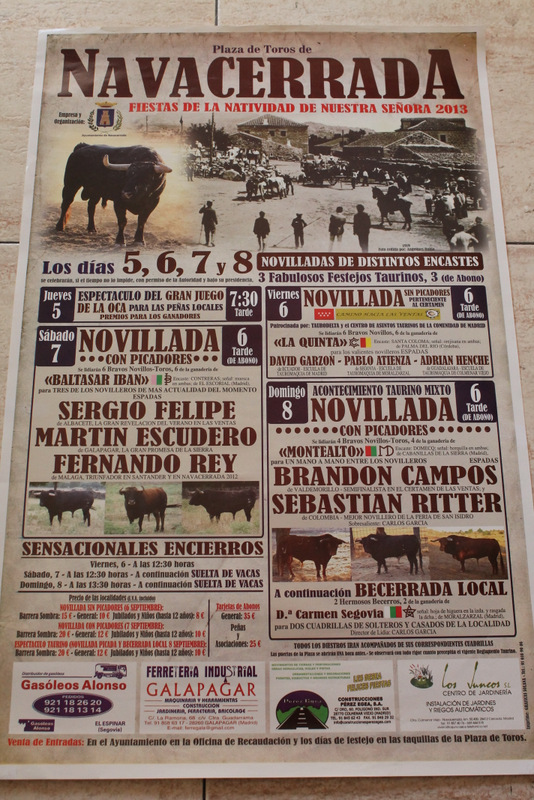 Cartel de toros de Navacerrada. Fiestas de la Natividad de Nuestra Señora 2013. 5, 6, 7 y 8 de septiembre.