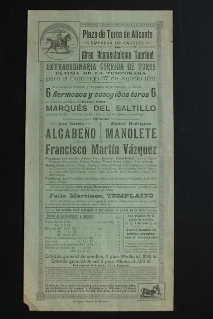 Cartel de toros de Alicante. 27 de agosto de 1911.