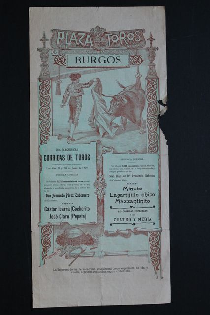 Cartel de toros de Burgos. 29 y 30 de junio de 1909.