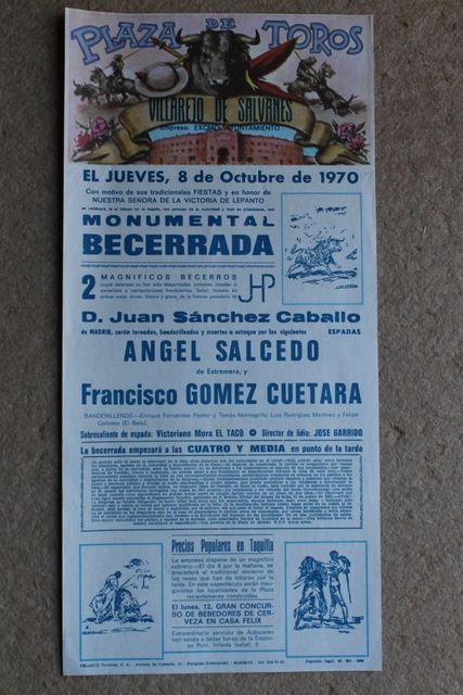 Cartel de toros de Villarejo de Salvanés. 8 de octubre de 1970.