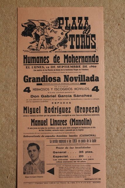Cartel de toros de Humanes de Mohernando. 12 de septiembre de 1960.