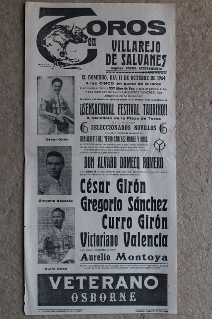 Cartel de toros de Villarejo de Salvanés. 11 de octubre de 1964. Festival Taurino.