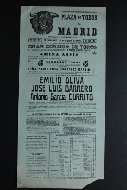 Cartel de toros de Madrid. 29 de agosto de 1965. 