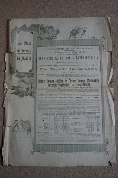 Cartel de toros de Madrid. 8 de abril de 1917. Inauguración de la temporada. 