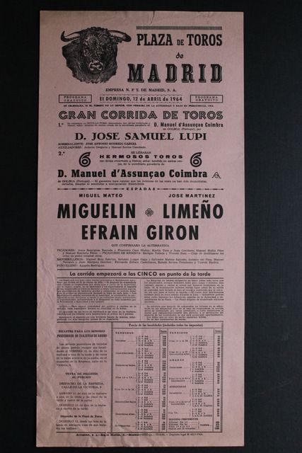 Cartel de toros de Madrid. 12 de abril de 1964.