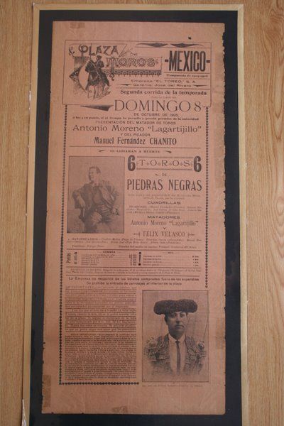Cartel de toros de México. 1905. Presentación del matador de toros Antonio Moreno Lagartijillo y del picador Manuel Fernández Chanito.