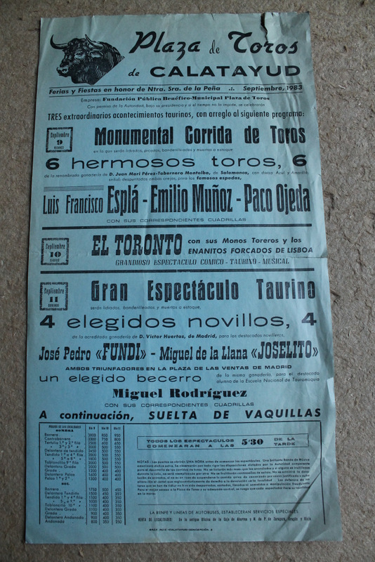 Cartel de toros de Calatayud. Feria y Fiestas en honor de Ntra. Sra. De la Peña. 9, 10 y 11 de septiembre 1983.