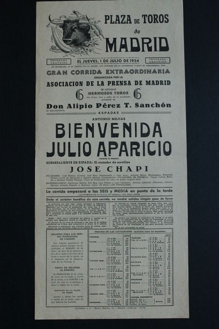 Cartel de toros de Madrid. 1 de julio de 1954.
