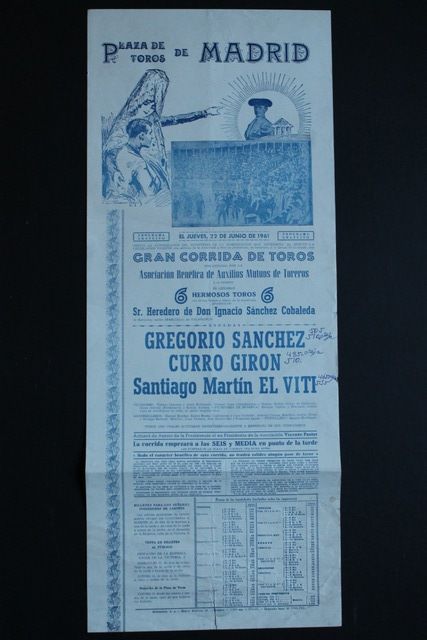 Cartel de toros de Madrid. 22 de junio de 1961. Auxilios Mutuos de Toreros.