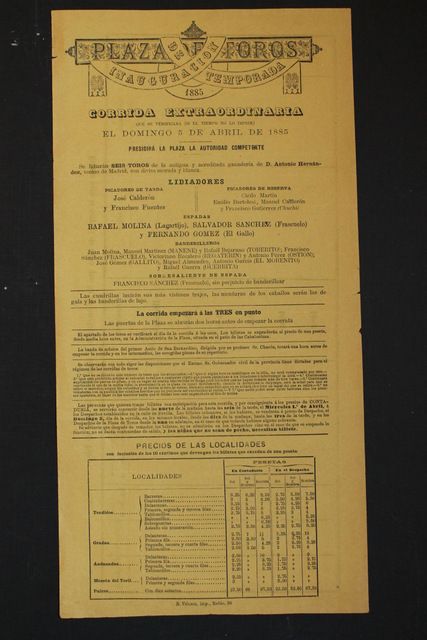 Cartel de toros de Madrid. 5 de abril de 1885.