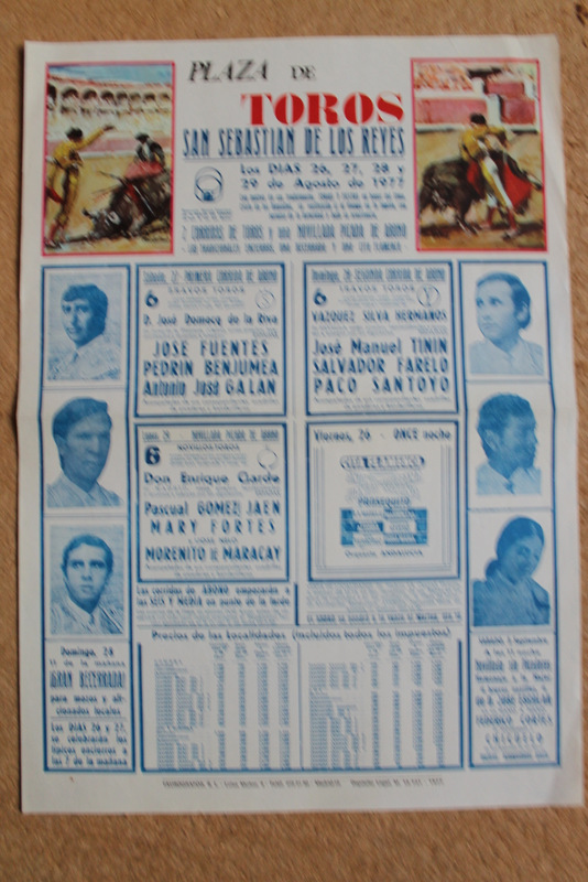 Cartel de toros de San Sebastián de los Reyes. 26, 27, 28 y 29 de agosto de 1977.