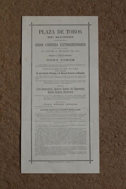 Cartel de toros de Madrid. 21 de mayo de 1891.